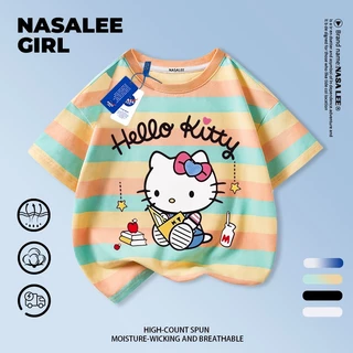 【จัดส่งวันเดียวกัน】เสื้อผ้าฝ้ายสีชมพูสำหรับเด็ก ลายคิตตี้แมวการ์ตูน น่ารัก สนุกสนาน ใส่แล้วระบายอากาศดี เหมาะสำหรับหน้าร้อน เป็นเสื้อแขนสั้น เหมาะสำหรับเด็กอายุ 3-16 ปี ทั้งชายและหญิง
