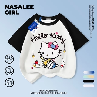 【จัดส่งวันเดียวกัน】เสื้อผ้าฝ้ายสีชมพูสำหรับเด็ก ลายคิตตี้แมวการ์ตูน น่ารัก สนุกสนาน ใส่แล้วระบายอากาศดี เหมาะสำหรับหน้าร้อน เป็นเสื้อแขนสั้น เหมาะสำหรับเด็กอายุ 3-16 ปี ทั้งชายและหญิง