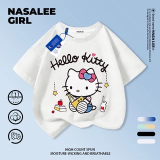 【จัดส่งวันเดียวกัน】เสื้อผ้าฝ้ายสีชมพูสำหรับเด็ก ลายคิตตี้แมวการ์ตูน น่ารัก สนุกสนาน ใส่แล้วระบายอากาศดี เหมาะสำหรับหน้าร้อน เป็นเสื้อแขนสั้น เหมาะสำหรับเด็กอายุ 3-16 ปี ทั้งชายและหญิง