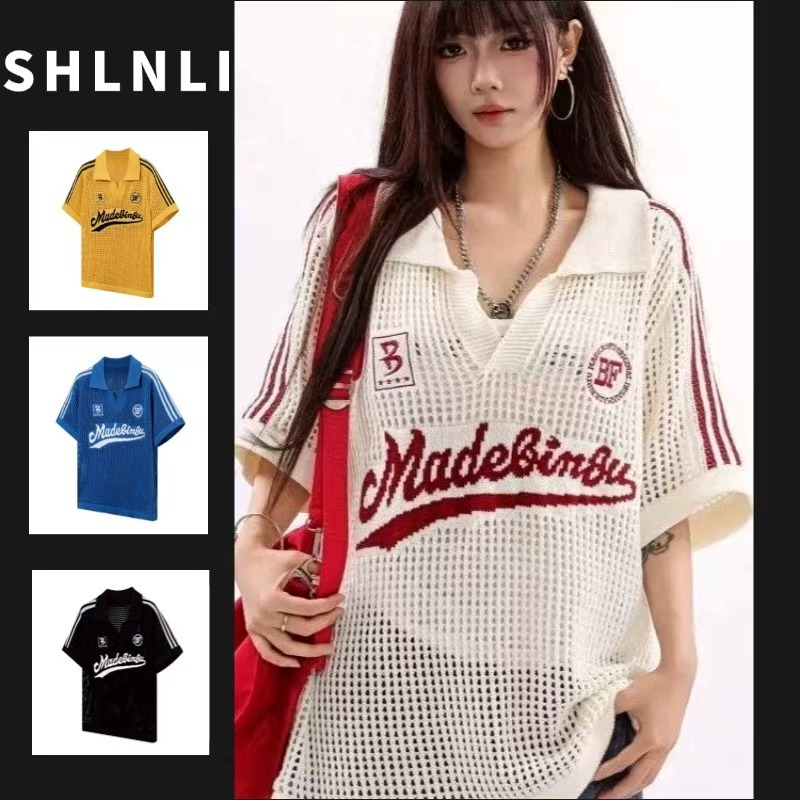 American Sport Loose Hollow T-shirt เสื้อโปโลสำหรับผู้หญิง พิมพ์ลายถัก สไตล์ฤดูร้อน