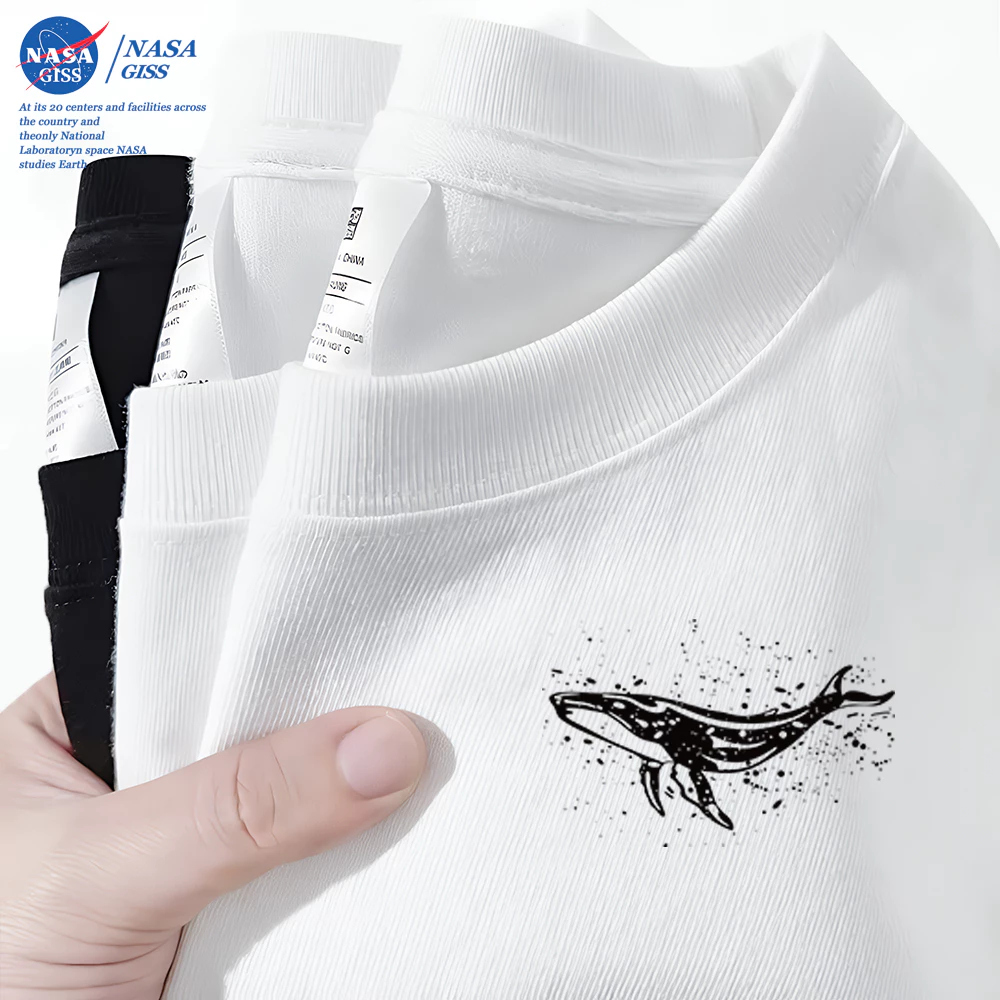 NASA เสื้อยืดชายหญิงแขนสั้น สไตล์ลำลอง summer วาฬ พิมพ์ลาย คอตตอน คอกลม หลวมและระบายอากาศ