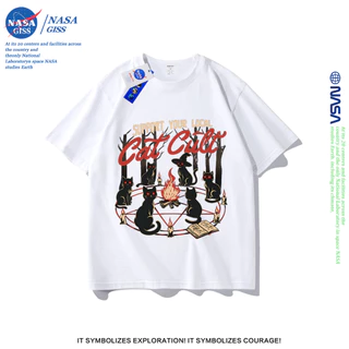 NASA เสื้อยืดชายหญิงแขนสั้น สตรีทฮิปฮอป summer แท่นบูชาแมว พิมพ์ลาย คอตตอน คอกลม หลวมและระบายอากาศ