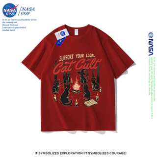 NASA เสื้อยืดชายหญิงแขนสั้น สตรีทฮิปฮอป summer แท่นบูชาแมว พิมพ์ลาย คอตตอน คอกลม หลวมและระบายอากาศ