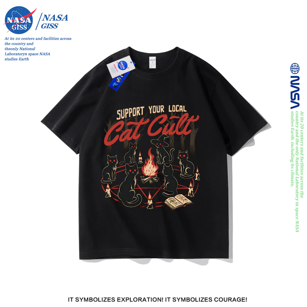 NASA เสื้อยืดชายหญิงแขนสั้น สตรีทฮิปฮอป summer แท่นบูชาแมว พิมพ์ลาย คอตตอน คอกลม หลวมและระบายอากาศ