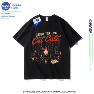 NASA เสื้อยืดชายหญิงแขนสั้น สตรีทฮิปฮอป summer แท่นบูชาแมว พิมพ์ลาย คอตตอน คอกลม หลวมและระบายอากาศ