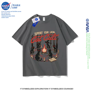 NASA เสื้อยืดชายหญิงแขนสั้น สตรีทฮิปฮอป summer แท่นบูชาแมว พิมพ์ลาย คอตตอน คอกลม หลวมและระบายอากาศ