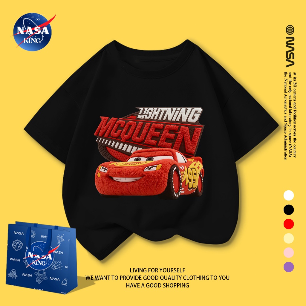NASA เสื้อยืดแขนสั้นเด็ก ลายรถแข่ง Lightning McQueen ผ้าคอตตอน สีสดใส ผ้าใส่สบาย
