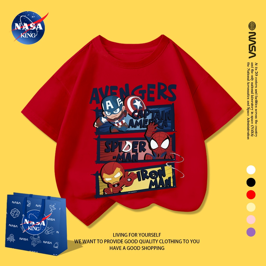 NASA เสื้อยืดเด็ก ลาย Captain America & Spider-Man & Iron Man น่ารัก ผ้าคอตตอนนุ่มสบาย