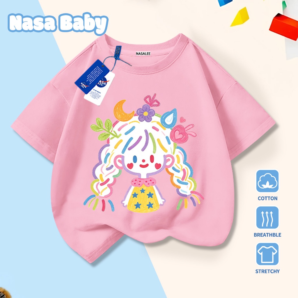 เสื้อยืดสกรีนลายเด็กผู้หญิงน่ารัก NASA แขนสั้น ฤดูร้อน ผ้าคอตตอน สวมใส่ได้ทั้งชายหญิงและเด็ก