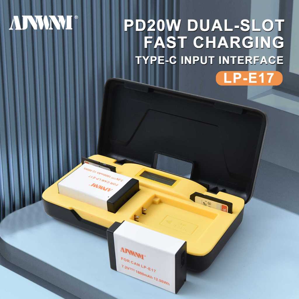 AJNWNM LP-E17 1800MAH แบตเตอรี่กล้อง + เครื่องชาร์จ USB คู่ LED