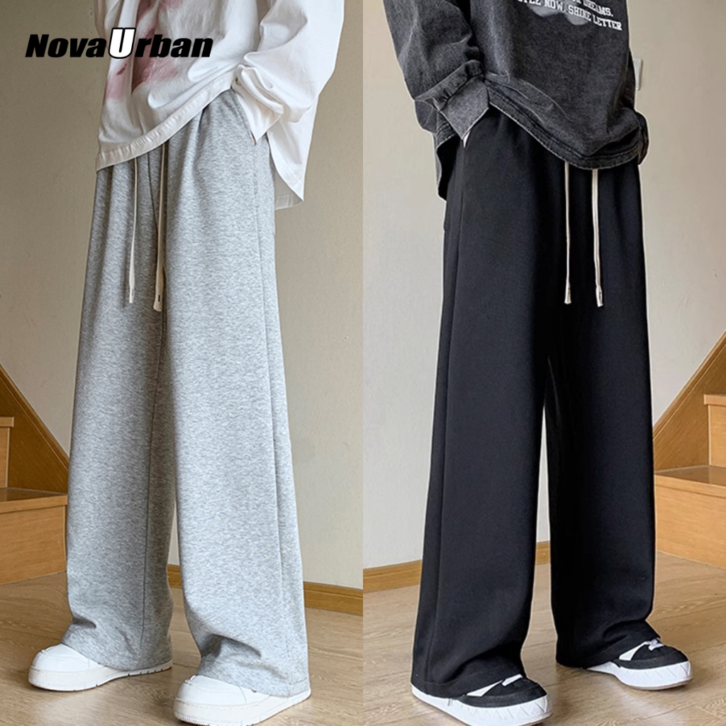🔥Nova-Urban🔥 กางเกงวอร์มขายาวผู้ชาย กางเกงลำลองทรงตรงหลวม แฟชั่นเกาหลี  มีเชือก สีเทาและสีดำ ไซส์ใหญ่ ผ้าฝ้าย