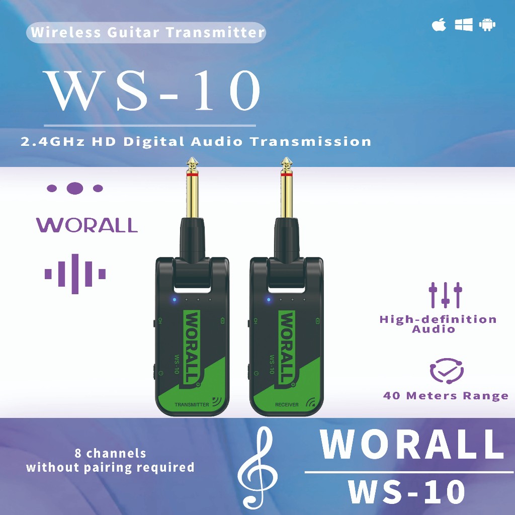 WORALL WS-10 2.4G Wireless Guitar Transmitter Receiver เครื่องส่งสัญญาณกีตาร์ไร้สาย 48K/16bit การส่งข้อมูลแบบเรียลไทม์สําหรับกีตาร์ Transmission