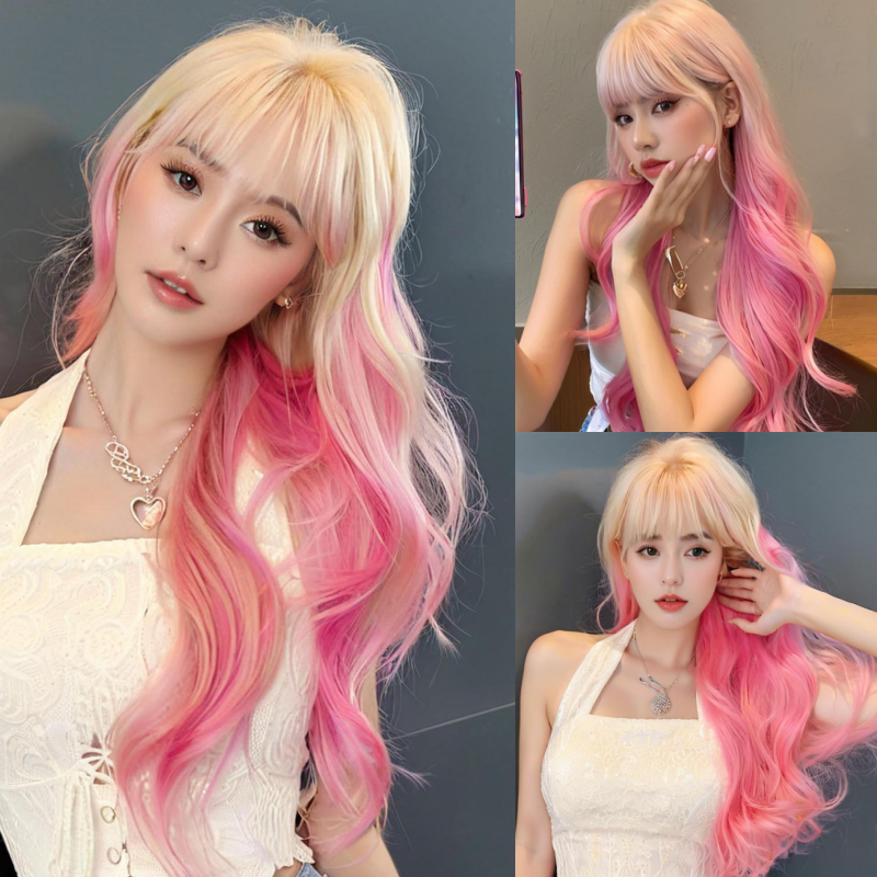 รุ่นใหม่ ยาวหยักสีชมพูสีบลอนด์ไฮไลท์สังเคราะห์วิกผมไฮบริดเหมาะสําหรับผู้ห วิกผมคอสเพลย์ วิกผมปาร์ตี้  วิกผมหยิก วิกผมสังเคราะห์ อุณหภูมิสูง วิกผมแบบเต็มศีรษะ