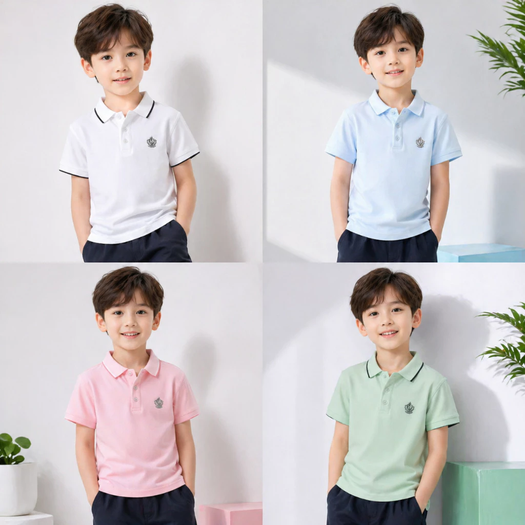 2-12ปีธรรมดา ยู นิสซ์ แฟชั่นเสื้อคอปกสําหรับเด็กสบายๆอย่างเป็นทางการโปโลสไตล์เกาหลีผ้ารังผึ้งแขนสั้นสําหรับเด็กผู