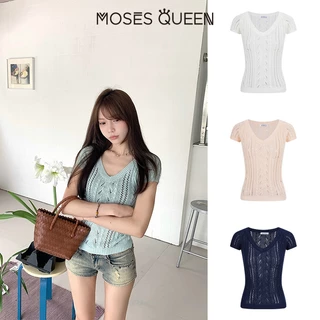 MOSESQUEEN เสื้อแขนสั้นผู้หญิง แบบคอผูกเชือก วัสดุเบามาก เหมาะสำหรับใส่วันธรรมดาหรือออกเดท #69005