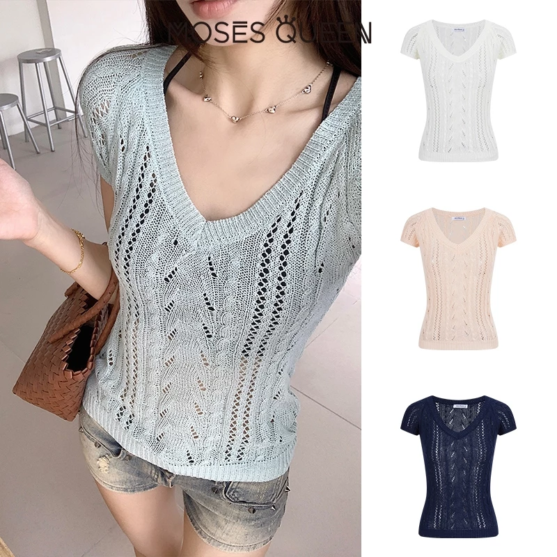 MOSESQUEEN เสื้อแขนสั้นผู้หญิง แบบคอผูกเชือก วัสดุเบามาก เหมาะสำหรับใส่วันธรรมดาหรือออกเดท #69005