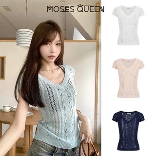 MOSESQUEEN เสื้อแขนสั้นผู้หญิง แบบคอผูกเชือก วัสดุเบามาก เหมาะสำหรับใส่วันธรรมดาหรือออกเดท #69005