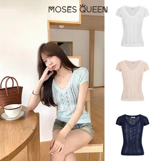 MOSESQUEEN เสื้อแขนสั้นผู้หญิง แบบคอผูกเชือก วัสดุเบามาก เหมาะสำหรับใส่วันธรรมดาหรือออกเดท #69005