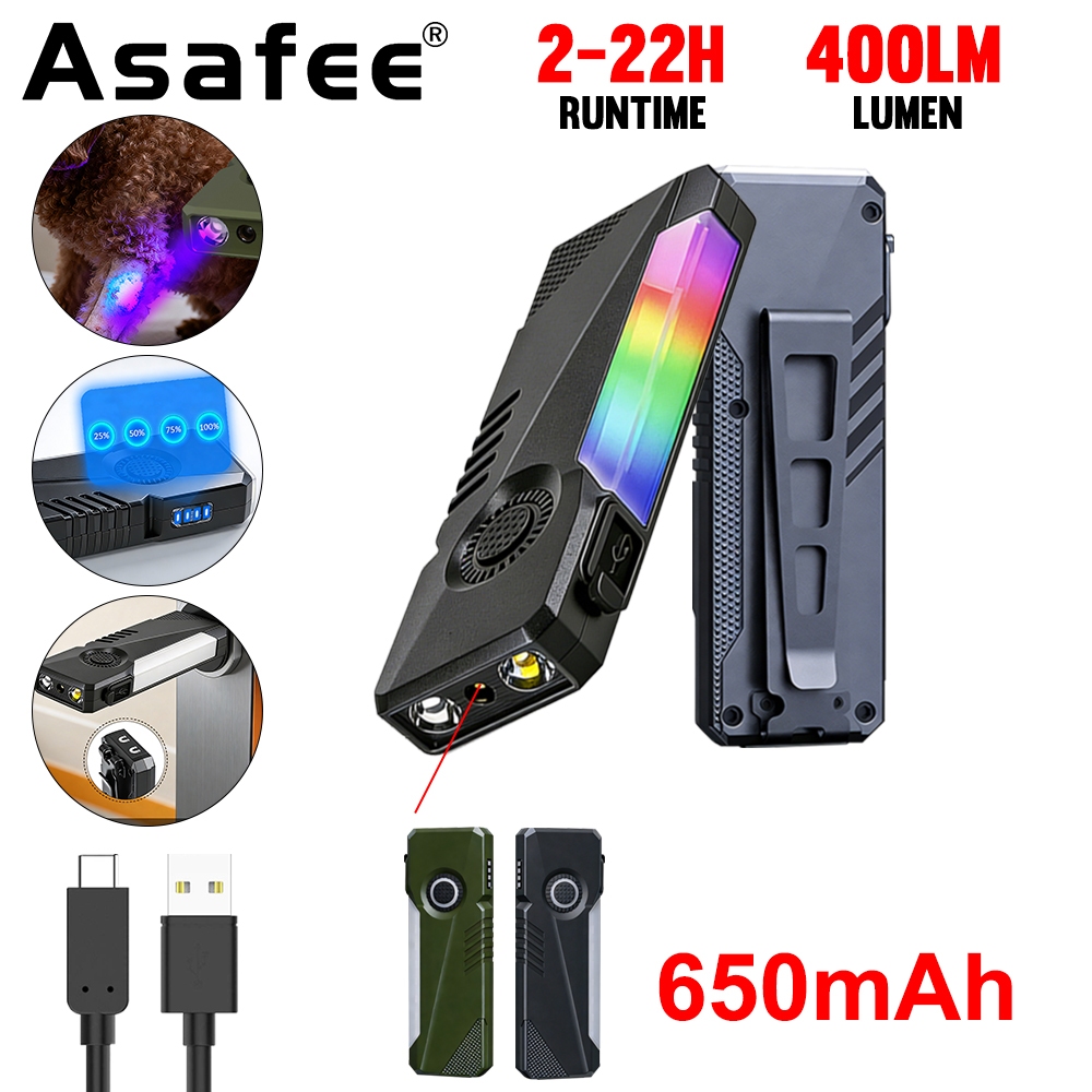 ASAFEE K01 K02 EDC ไฟฉาย 400LM XPL Super Bright Beam พร้อมตัวชี้สีแดง 365nm แสง UV RGB เรืองแสงฐานแม่เหล็ก Type C กันน้ําพวงกุญแจไฟฉาย