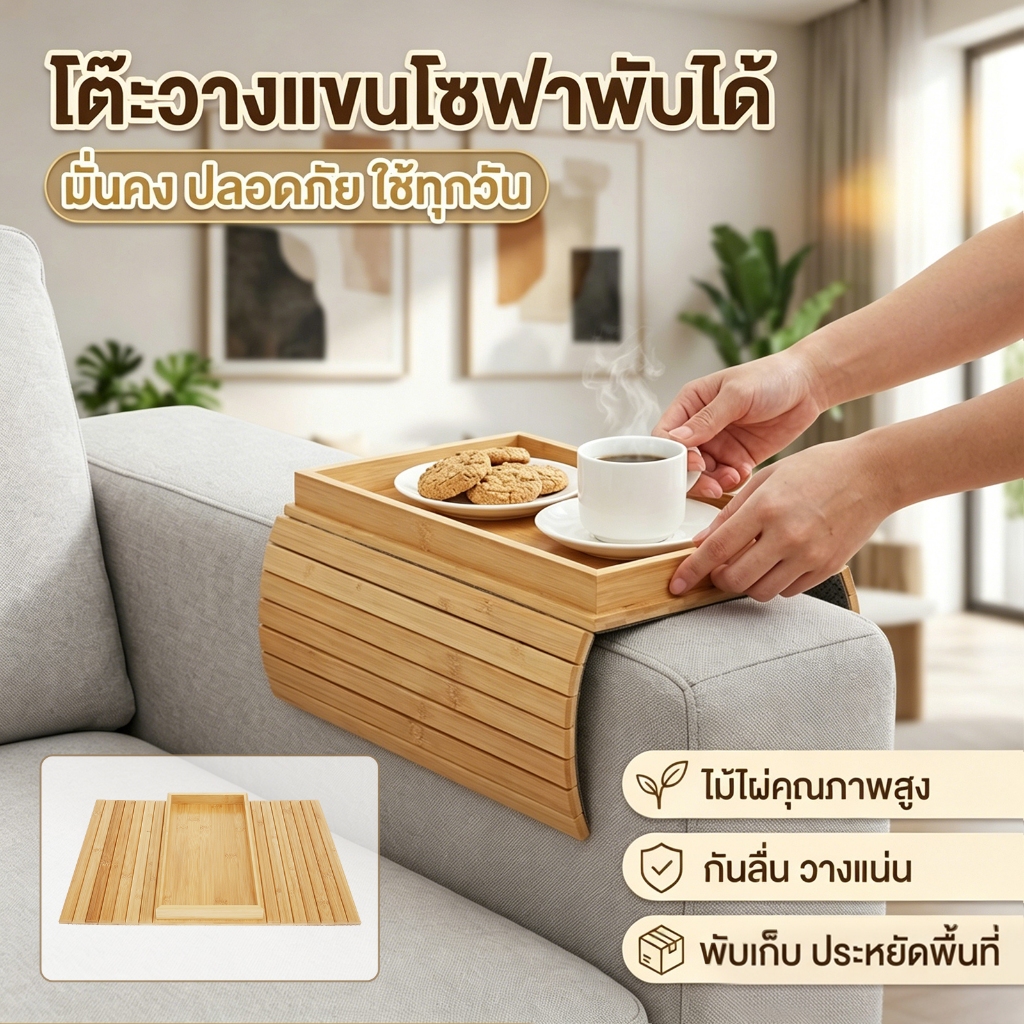 ถาดโซฟาโต๊ะโซฟาที่เท้าแขนถาดคลิปบนถาดไม้ธรรมชาติโซฟาถาดปฏิบัติทีวีถาดขนมสําหรับการควบคุมระยะไกลกาแฟขนม