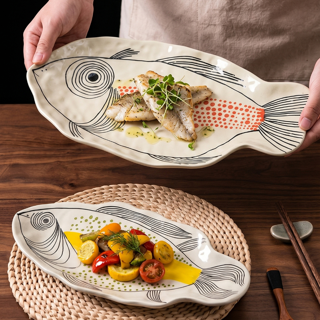 HongDian จานเซรามิก ceramic porcelain plate dish tableware รูปปลา ขนาดใหญ่ เหมาะสำหรับนึ่งปลา ใส่อาหารทะเล ของหวาน และบาร์บีคิว ดีไซน์หรูหรา ทนความร้อนสูง ทำความสะอาดง่าย ใช้กับเครื่องล้างจานได้ เหมาะสำหรับใช้ที่บ้านและร้านอาหาร จานปลาย่าง จานปลาแดงสวยงาม