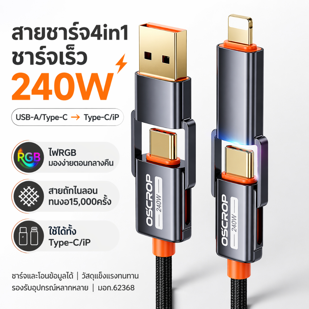 สายชาร์จเร็ว 4in1 240W USB-A/Type-C to Type-C/iP พร้อมไฟ RGB หาสายง่ายตอนกลางคืน สายถักไนลอนทนงอ 15000 ครั้ง มอก. 62368