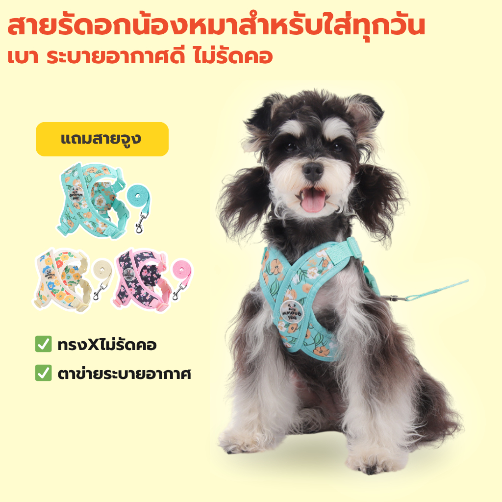 สายรัดอกสุนัข พร้อมสายจูง Harness สุนัข X-Shape ไม่รัดคอ ระบายอากาศดี ลายดอกไม้น่ารัก สำหรับสุนัขเล็ก-กลาง