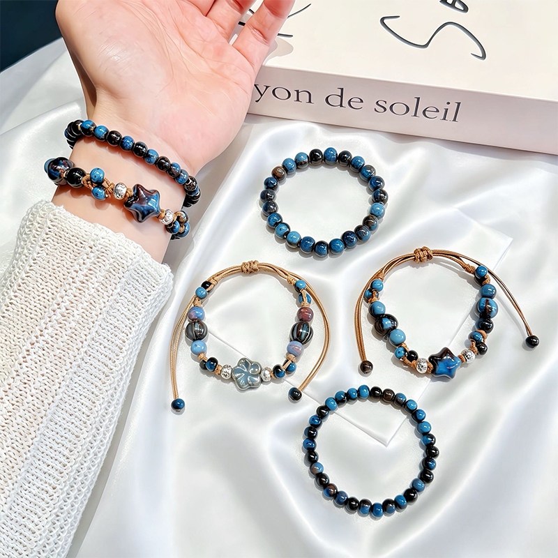 สร้อยข้อมือเซรามิกสไตล์จีนโบราณ สีน้ำเงินเข้ม ดีไซน์ดอกไม้สำหรับผู้หญิง