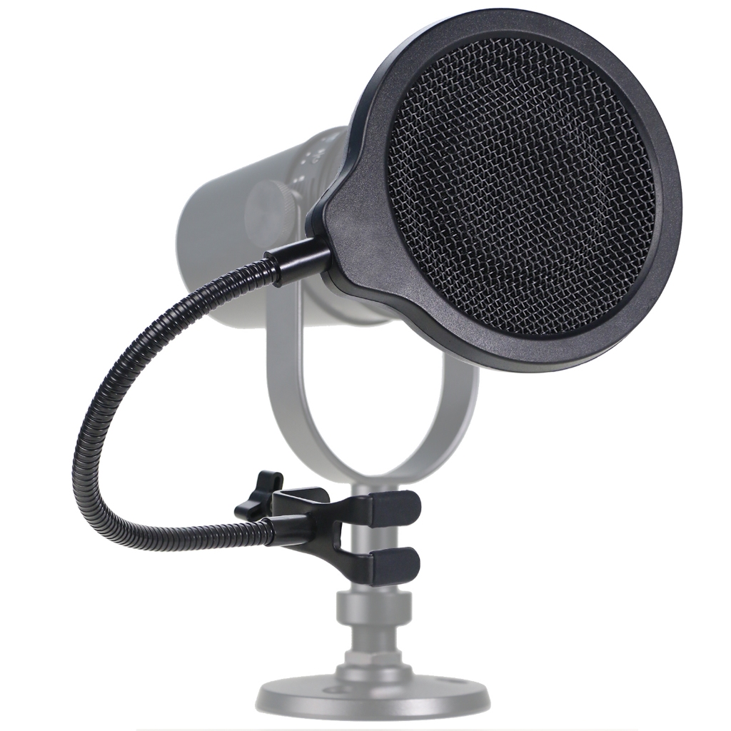 MV7 ไมโครโฟน Pop Filter Mask Shield สําหรับ Shure MV7 Mic, 4 นิ้ว 3 ชั้นกระจกยืดหยุ่น 360°คลิปหนีบคอ