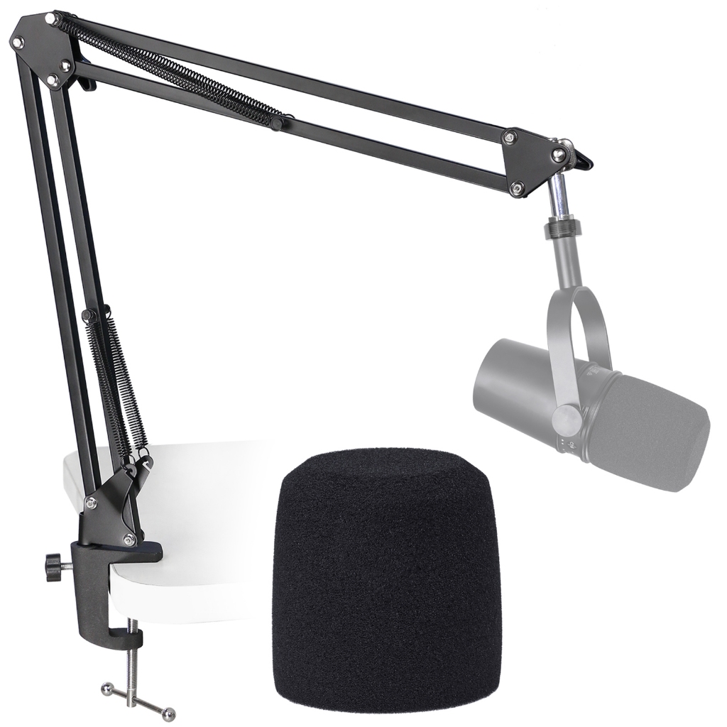 MV7 Boom Arm ขาตั้งไมค์พร้อม Pop Filter, ขาตั้งแขนกรรไกรบูมระบบกันสะเทือนแบบปรับได้พร้อม Pop Filter 