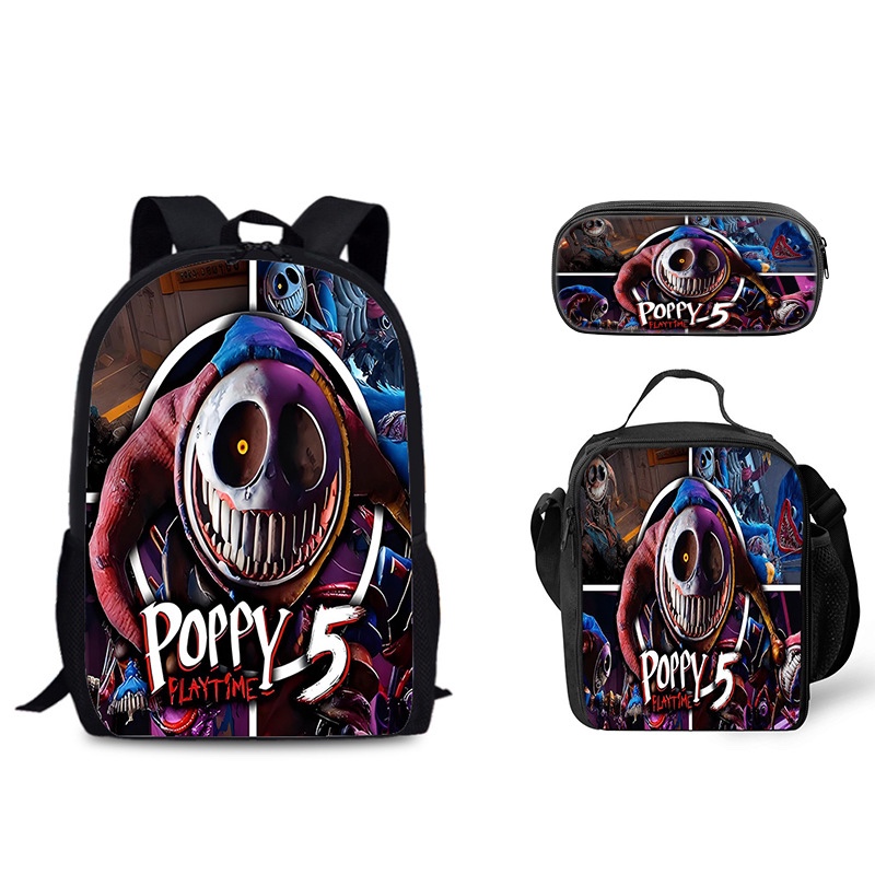 Bobbys Playtime 5 กระเป๋านักเรียนชุดสามชิ้น Poppy Playtime Chapter 5 อนุบาล, นักเรียนประถม 3D พิมพ์การ์ตูนยอดนิยมกระเป๋าเป้สะพายหลัง/กระเป๋าสะพาย/กล่องดินสอ