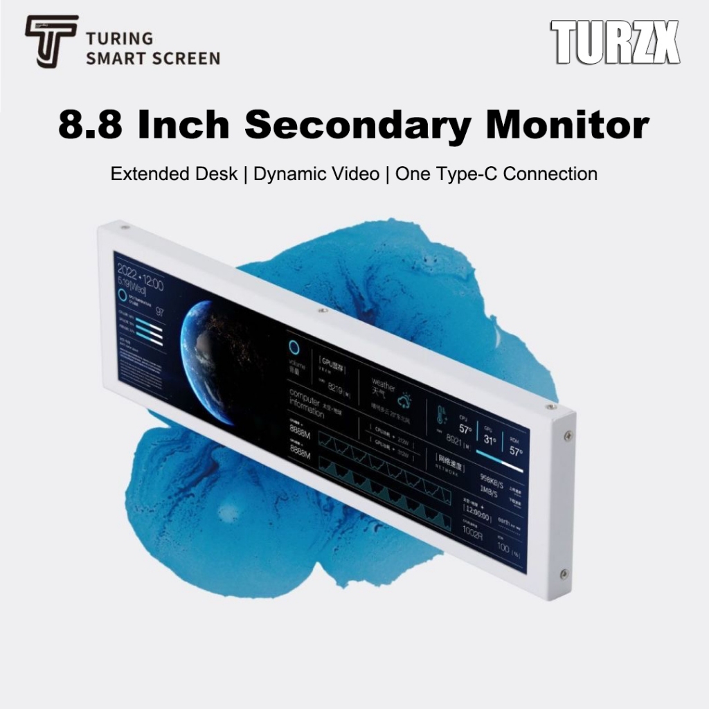 TURZX 8.8 นิ้ว PC หน้าจอรองพร้อมสมาร์ทเซนเซอร์แผง AIDA64 CPU GPU การตรวจสอบ USB-C สําหรับ PC กรณี