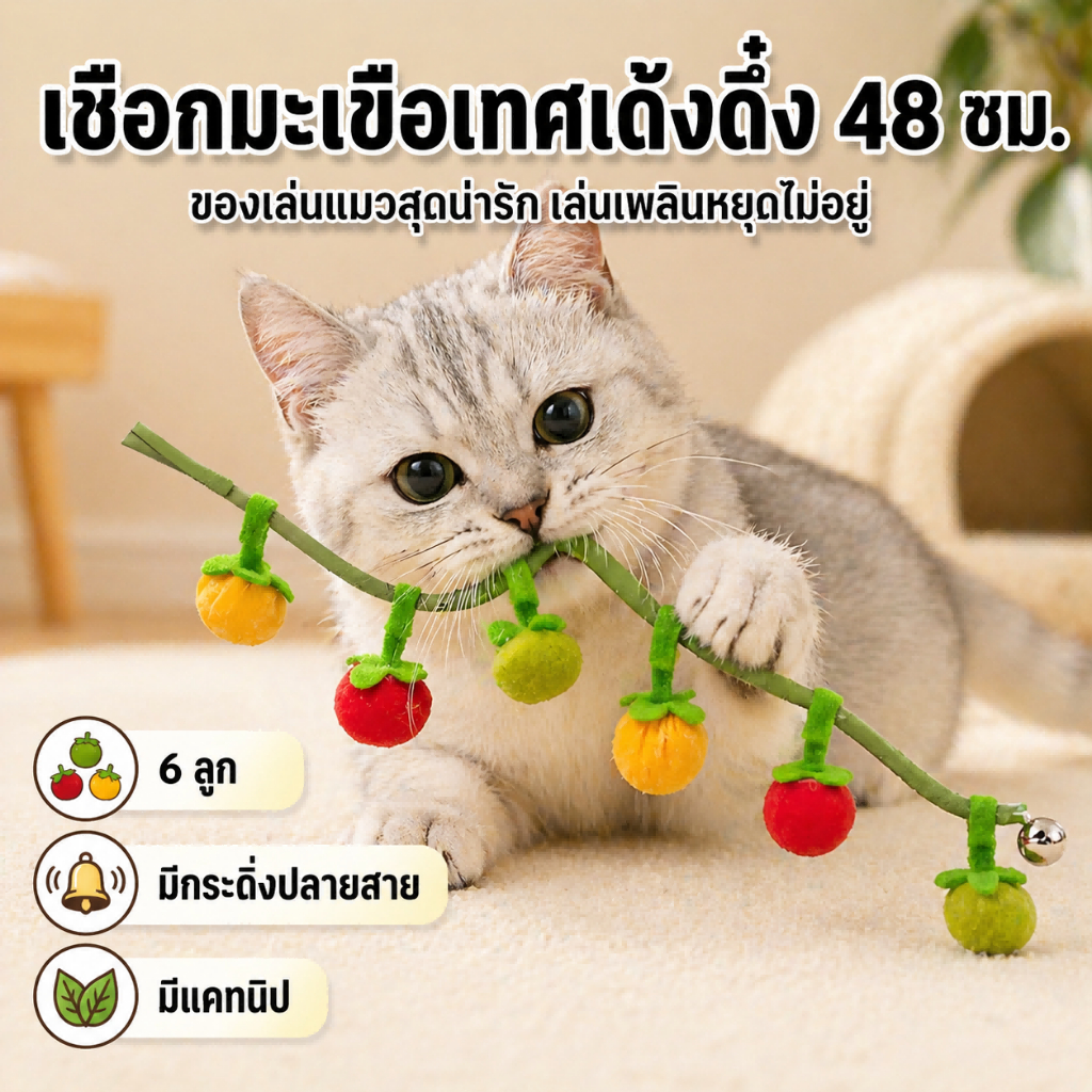ของเล่นแมวเถามะเขือเทศ48ซม.,6มะเขือเทศตุ๊กตากับแคทนิปและกระดิ่งหาง,ของเล่นโต้ตอบแบบนุ่มสําหรับแมวในร่ม
