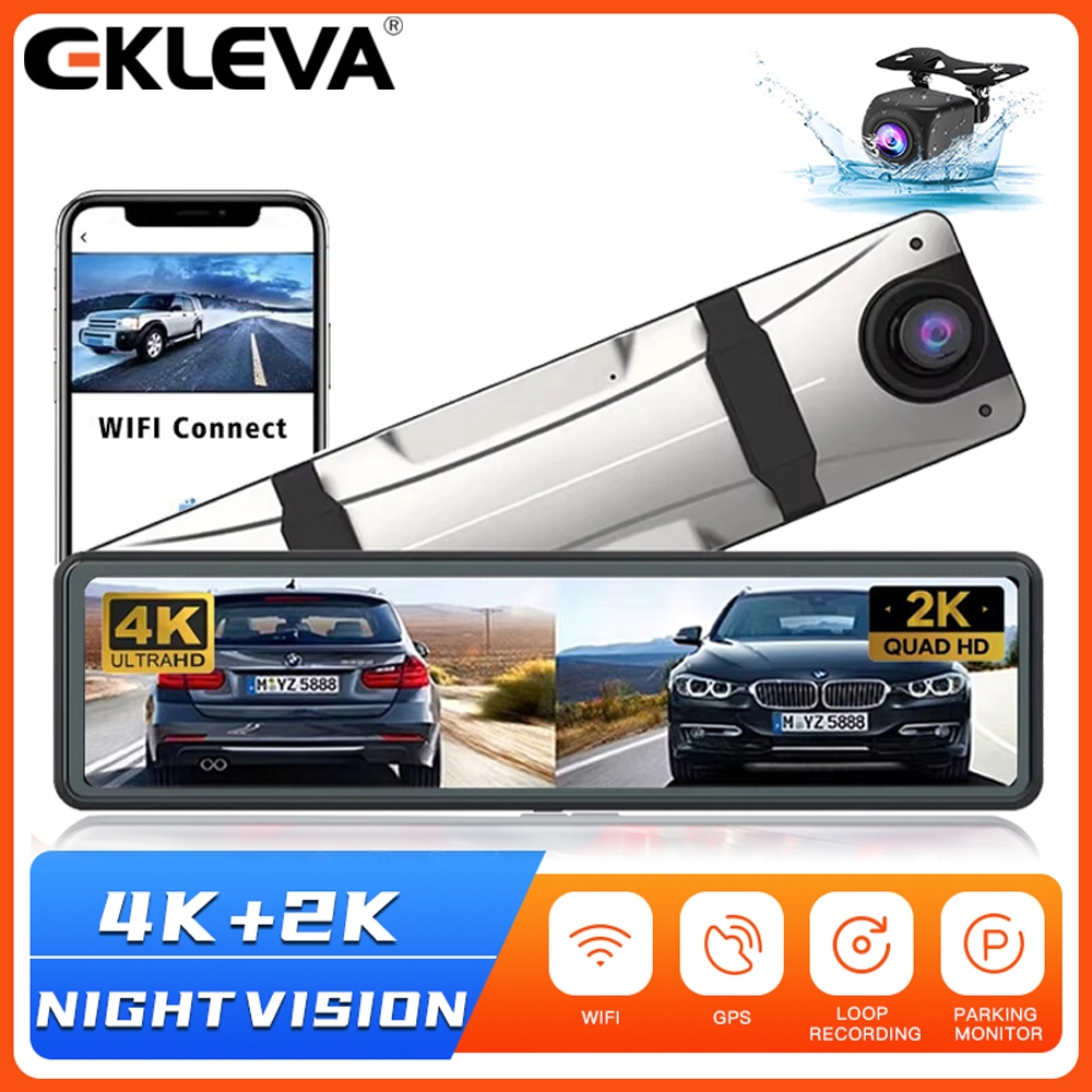 EKLEVA 12 นิ้ว 4K + 2K รถ Dvr WIFI กระจก Dash Cam Dual เลนส์ Dashcam ไดรฟ์ Stream กระจกมองหลังหน้าจอ