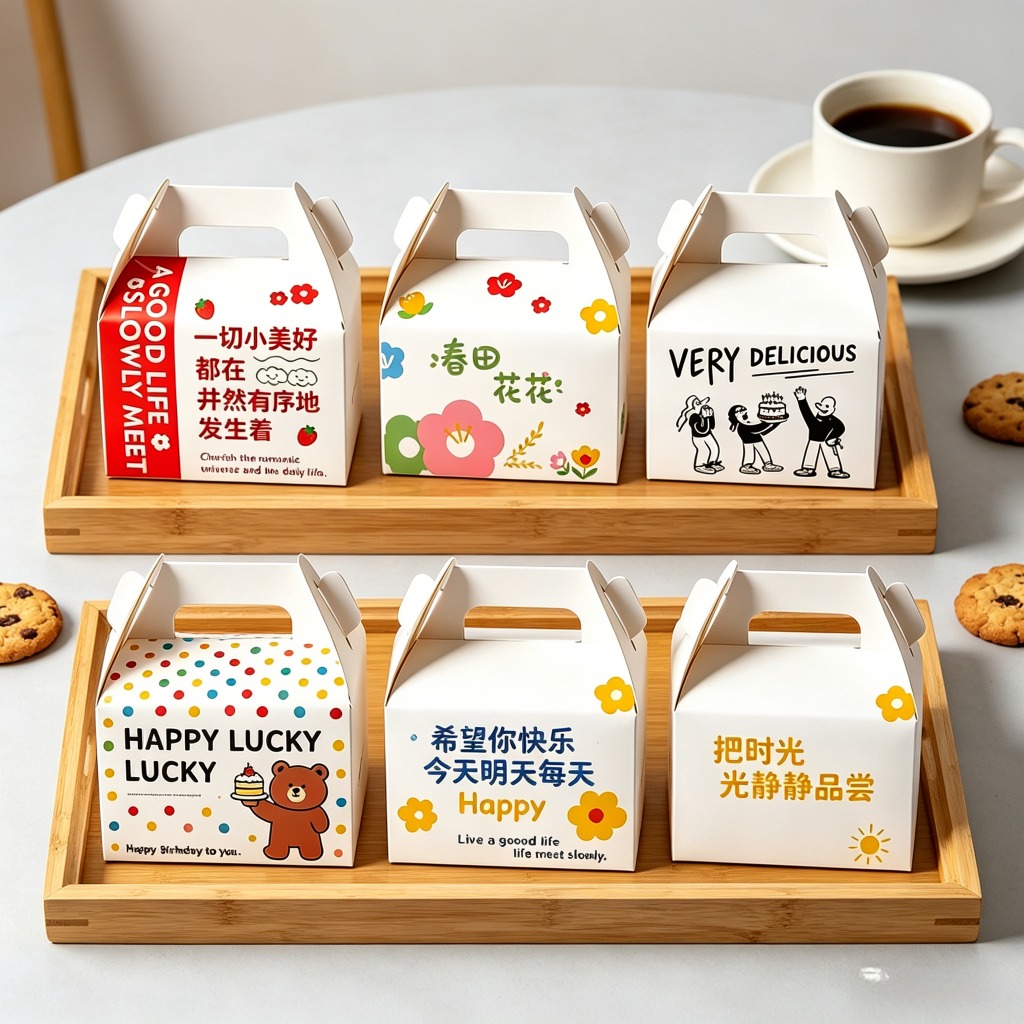50pc ตัวกล่องขนมหวานใช้ครั้งเดียวหนาแน่น、กล่องขนมฝรั่งพกพา、กล่องบรรจุเค้กชิ้นเล็กสามเหลี่ยม/ กล่องเค้กมีหูหิ้ว ลายน่ารักหลายแบบ กล่องขนมอเนกประสงค์ ใช้ได้ทุกร้านค้า - เบเกอรี่ กาแฟ ผลไม้ เครื่องเขียน คอสเมติก สะดวกซื้อ ร้านขายเสื้อผ้า ทนทานใช้งานได้ยาวนาน