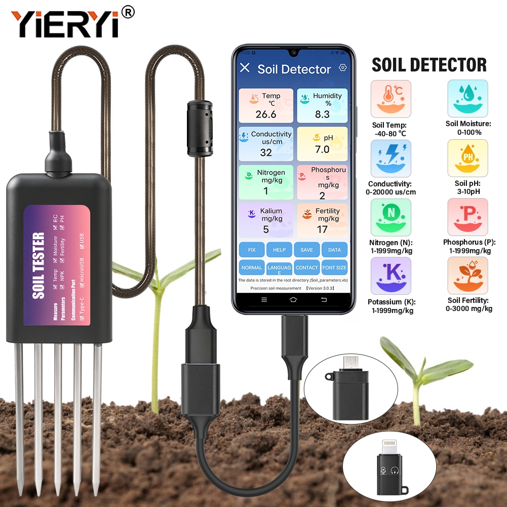 YIERYI ความแม่นยําสูง 8-in-1 เครื่องทดสอบดินสําหรับ Android APP แบบเรียลไทม์ NPK pH อุณหภูมิความชื้น EC การเจริญพันธุ์ IP68 กันน้ํา Probe