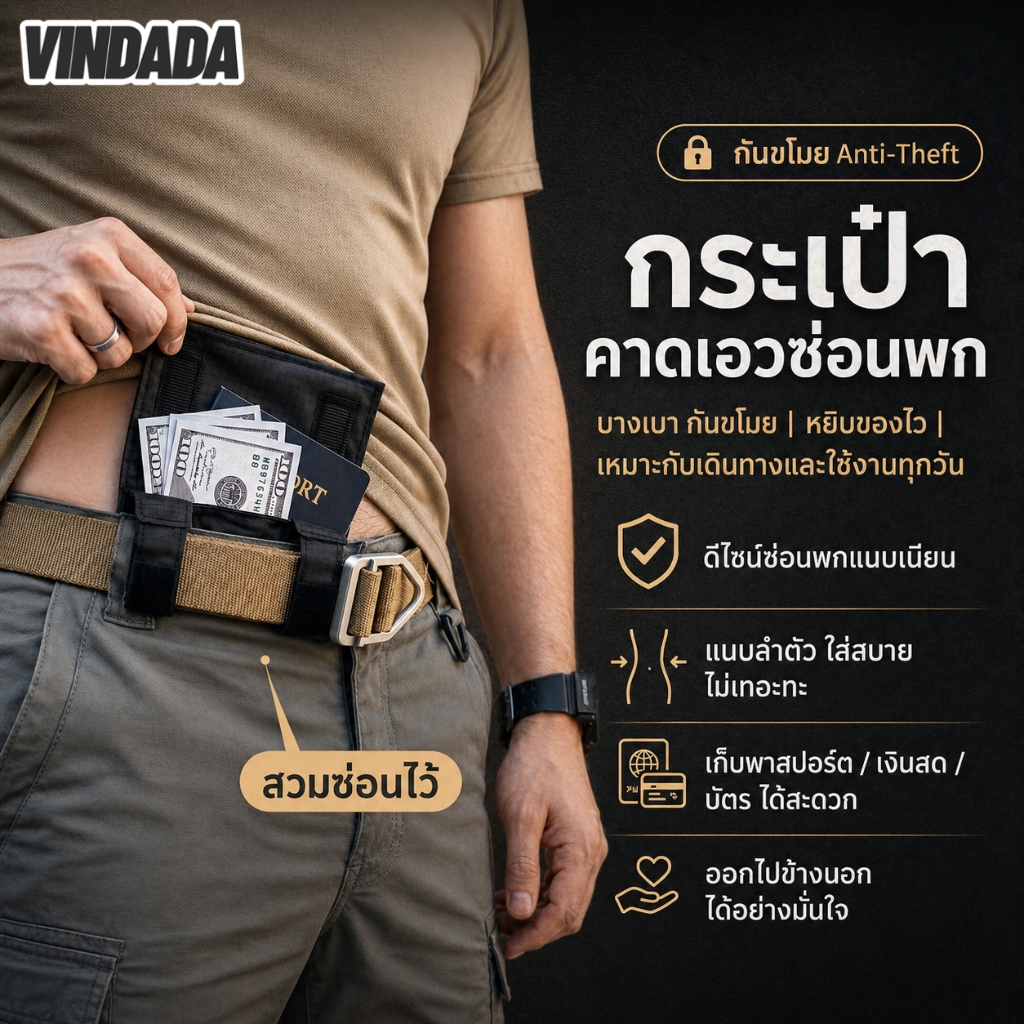 กระเป๋าซ่อนเงิน กระเป๋าคาดเอว กันขโมย ซ่อนใต้เสื้อผ้า ใส่พาสปอร์ต ท่องเที่ยว Anti-Theft Hidden Wallet