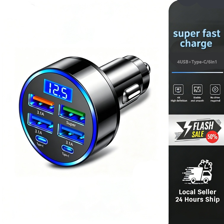 ที่ชาร์จในรถยนต์ 6 พอร์ต จอแสดงผลดิจิตอล 100W 4 พอร์ต USB รองรับการชาร์จเร็ว QC3.0 และชาร์จเร็ว Type-C