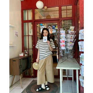 B&R จัดส่งจากไทย เสื้อยืดแขนสั้นลายทางผู้หญิง เสื้อหลวม คอกลม สี kontrast สตรี ผ้าใส่สบายไม่ยับง่าย
