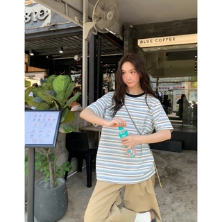 B&R จัดส่งจากไทย เสื้อยืดแขนสั้นลายทางผู้หญิง เสื้อหลวม คอกลม สี kontrast สตรี ผ้าใส่สบายไม่ยับง่าย