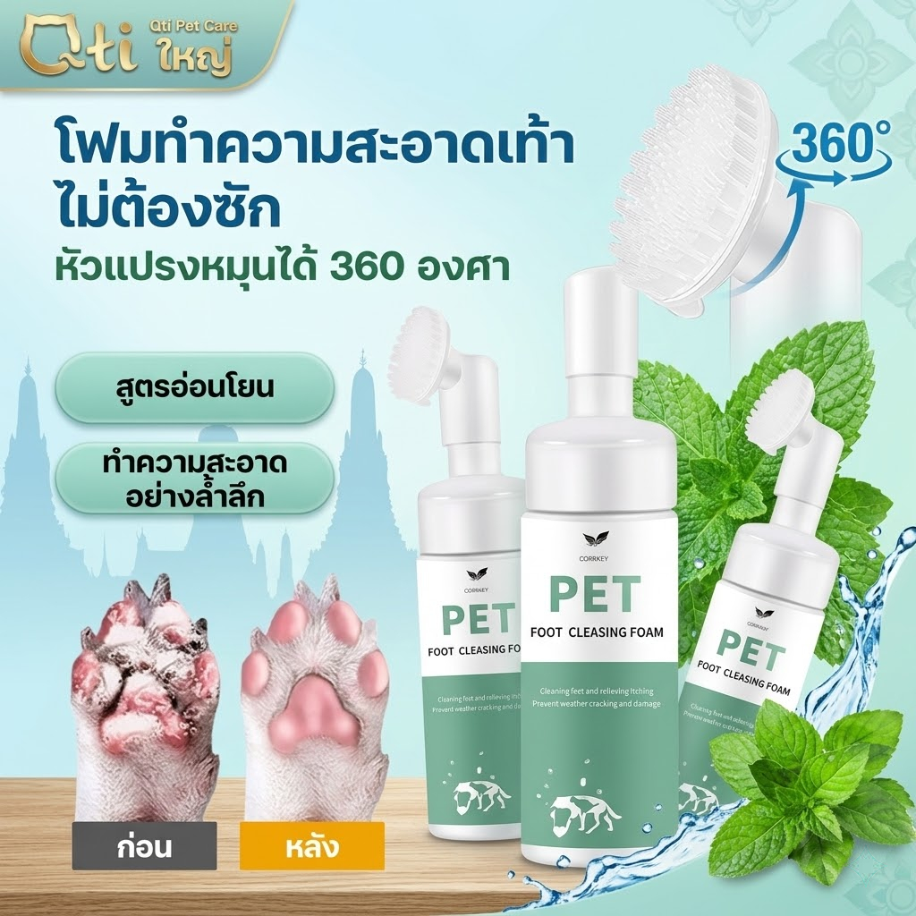 โฟมล้างเท้าหมาแมว Pet feet cleaner โฟมทำความสะอาดอุ้งเท้า กำจัดแบคทีเรีย ดับกลิ่นได้ดี พร้อมแปรงขัด ขนาด 150ml.