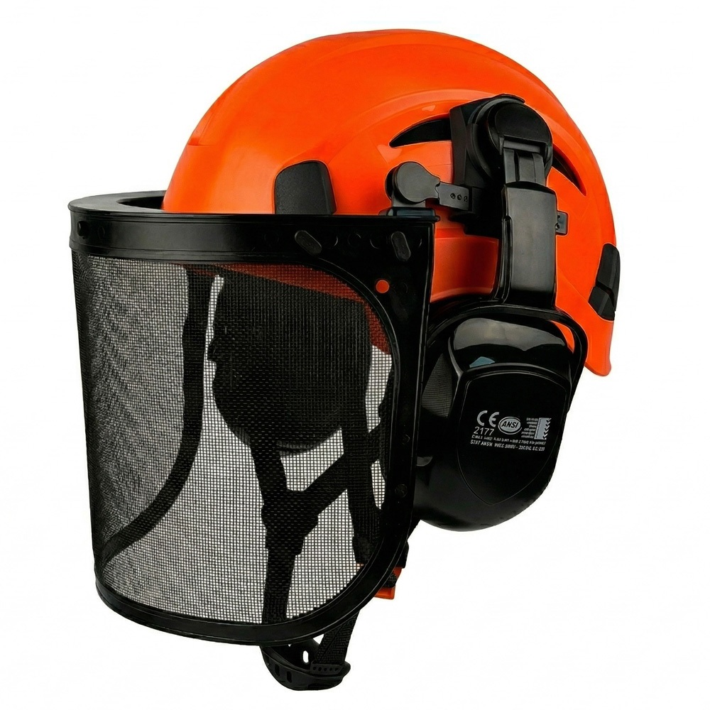 CE Forestry หมวกนิรภัย 3 ใน 1 Chainsaw Hard หมวกตาข่าย Face Shield หู Muffs สําหรับ Arborist Logging เครื่องตัดแปรงหมวกทํางาน ABS