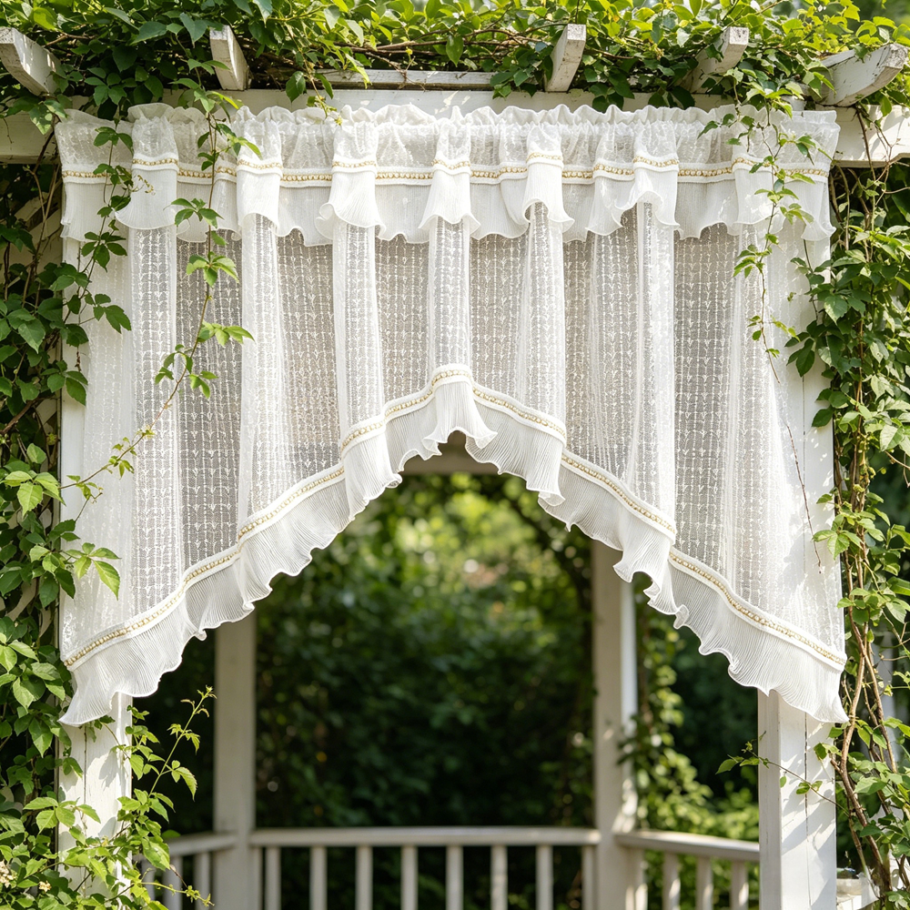 ดอกไม้สีขาวฝรั่งเศสถักลูกไม้ Swag ผ้าม่าน Valance กับลูกปัด Ruffles สําหรับประตู Arched น้ําตก Elega