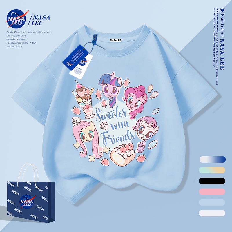 【จัดส่งภายใน 1 วันในกรุงเทพฯ】เสื้อยืดเด็กสีฟ้าอ่อน ผ้าฝ้ายแท้ระบายอากาศดี ลายม้าสีชมพูให้ฟีลเกาหลี เหมาะสำหรับอายุ 3-16 ปี ทรงหลวมสบาย แขนสั้น