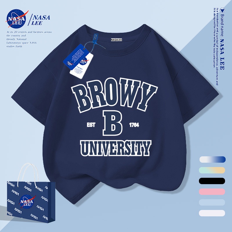 【จัดส่งภายใน 1 วันในกรุงเทพฯ】เสื้อยืดเด็กสีน้ำเงินเข้ม ผ้าฝ้ายแท้ระบายอากาศดี ลายตัวอักษรพิมพ์ลายให้ฟีลเกาหลี เหมาะสำหรับอายุ 3-16 ปี ทรงหลวมสบาย แขนสั้น