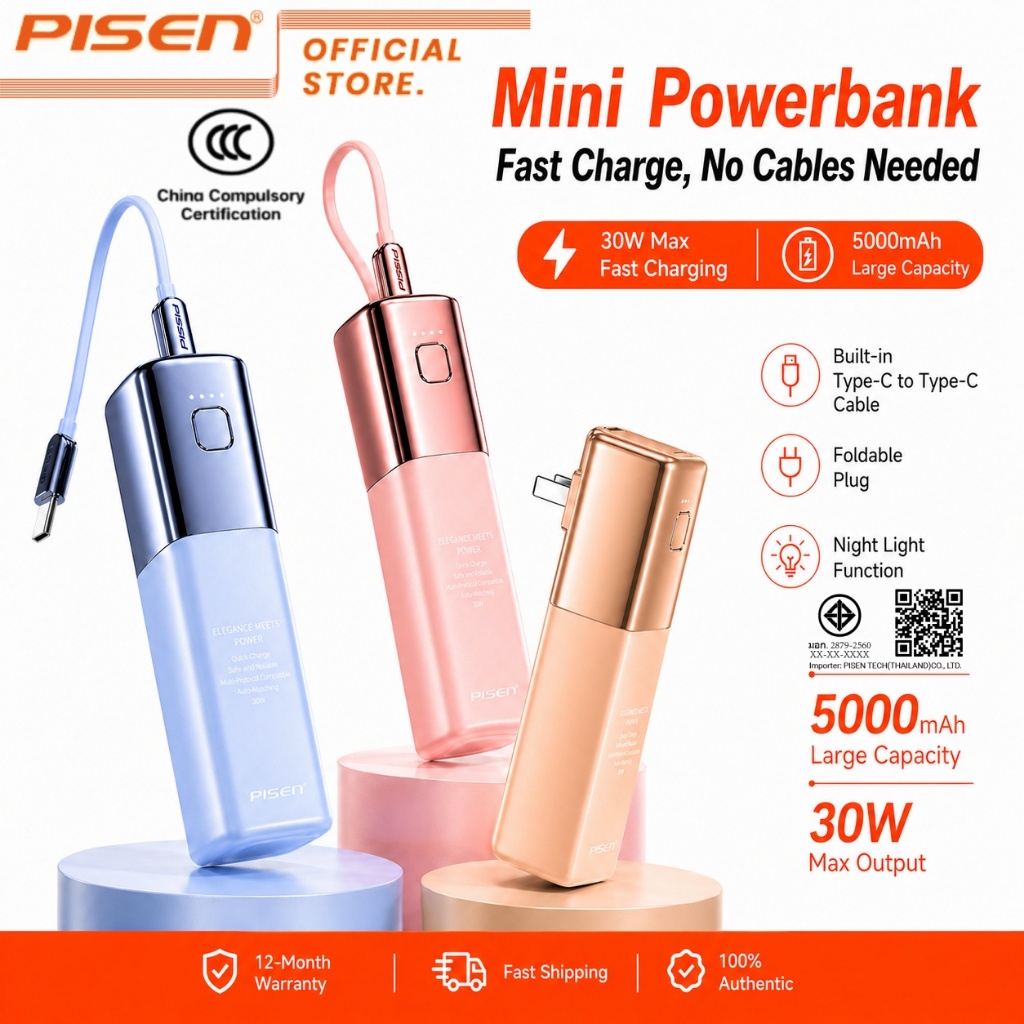 PISEN CCC Mini Powerbank แบตสำรอง 5000mAh 30W Fast Charger ชาร์จเร็ว มีปลั๊กในตัว มีไฟกลางคืน D327
