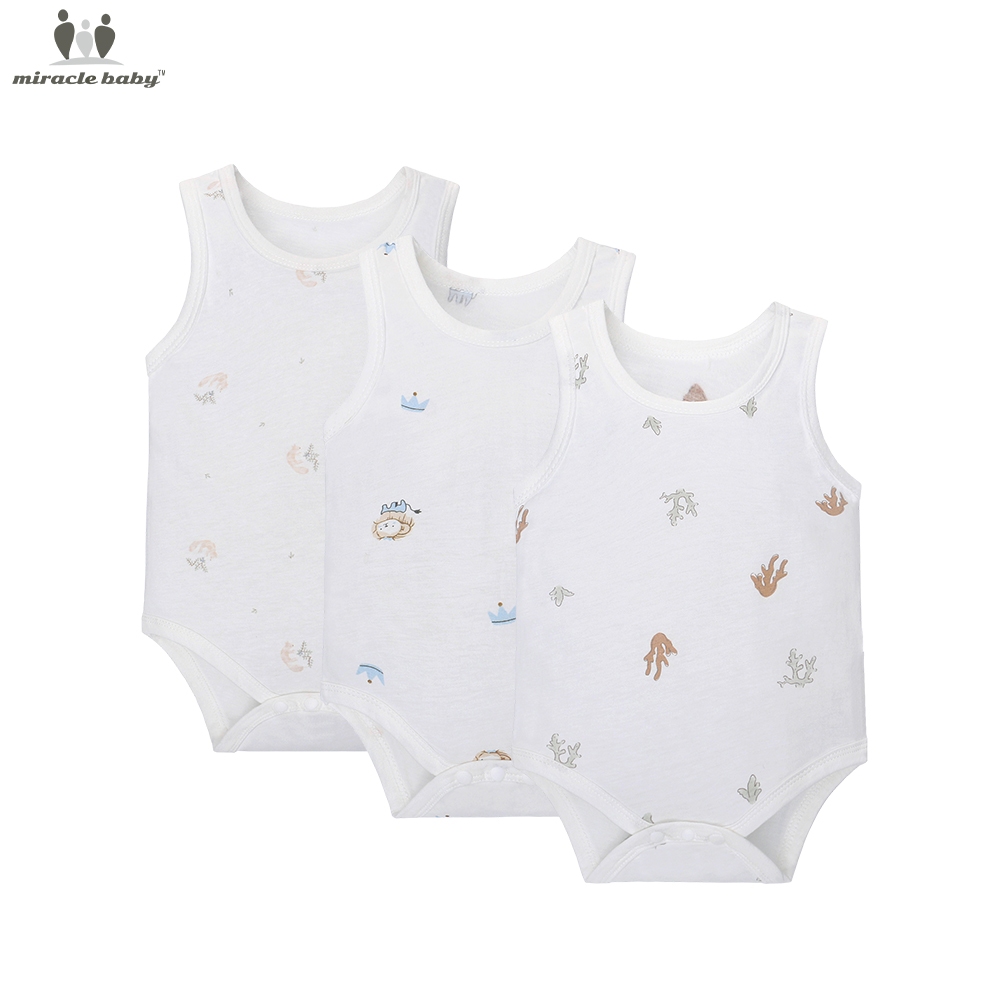 มิราเคิล เบบี้ 3 ชิ้น คอตตอน เบบี้ แซนโด | แขนกุด Onesie บอดี้สูท Romper, ฤดูร้อน Breathable Unisex Jumpsuit พร้อมปุ่มเป้า 3-24M