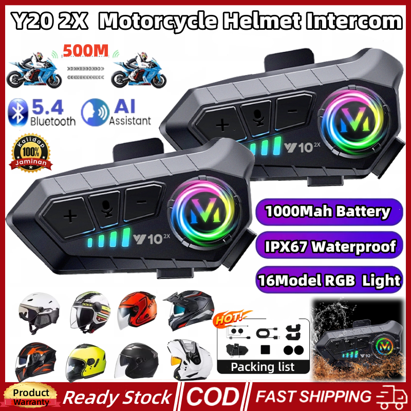 Y10-2X หมวกกันน็อครถจักรยานยนต์ Intercom 500 M Intercom BT5.4 IPX67 1000Mah หมวกกันน็อคสแตนด์บายยาวพิเศษ Talk Intercom ชุดหูฟังสําหรับ Riders และผจญภัยกลางแจ้ง