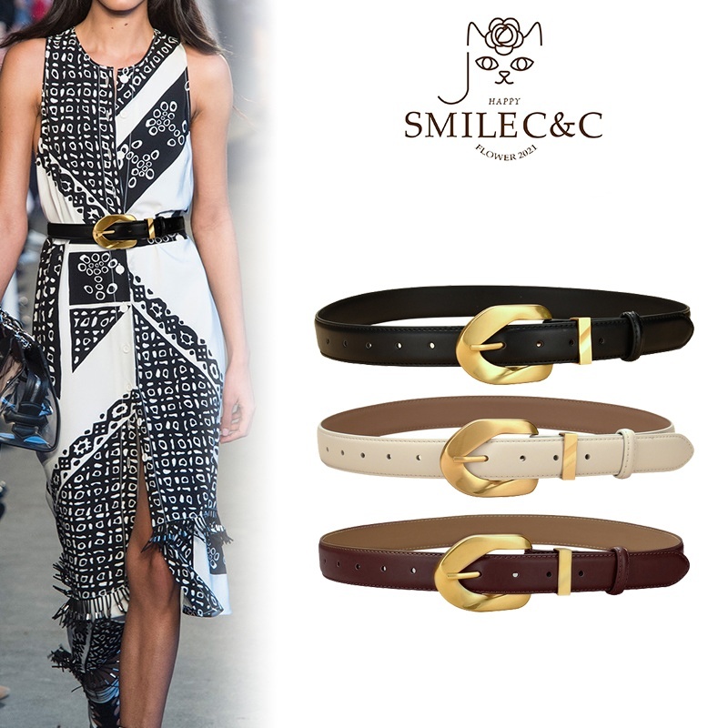 SmileFairyCC【COD & พร้อมส่ง】เข็มขัดหนังแท้วินเทจ มีกระดุมโลหะรูปธนู สวมใส่ง่ายกับทั้งกางเกงยีนส์และเดรส