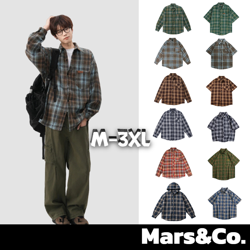 Mars&Co.เสื้อเชิ้ตแขนยาว เสื้อเชิ้ตยาว ลายสก๊อต ทรงหลวม สไตล์เกาหลี นักธุรกิจ	เสื้อผู้ชาย เสื้อ